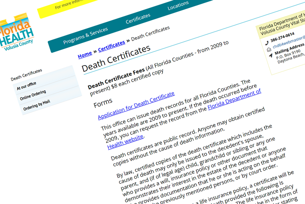 Image of a county webpage showing long and short-form death certificate options.